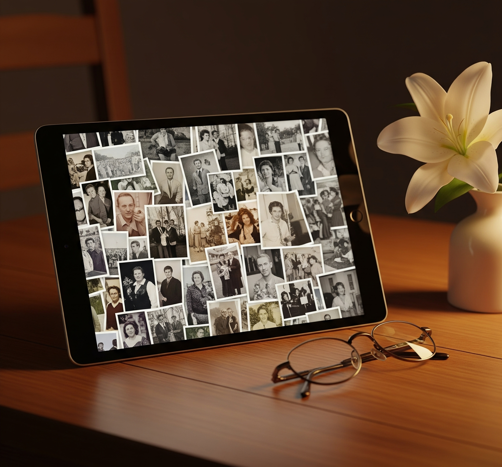 A personalized digital memorial showing a collage of photos on a tablet.