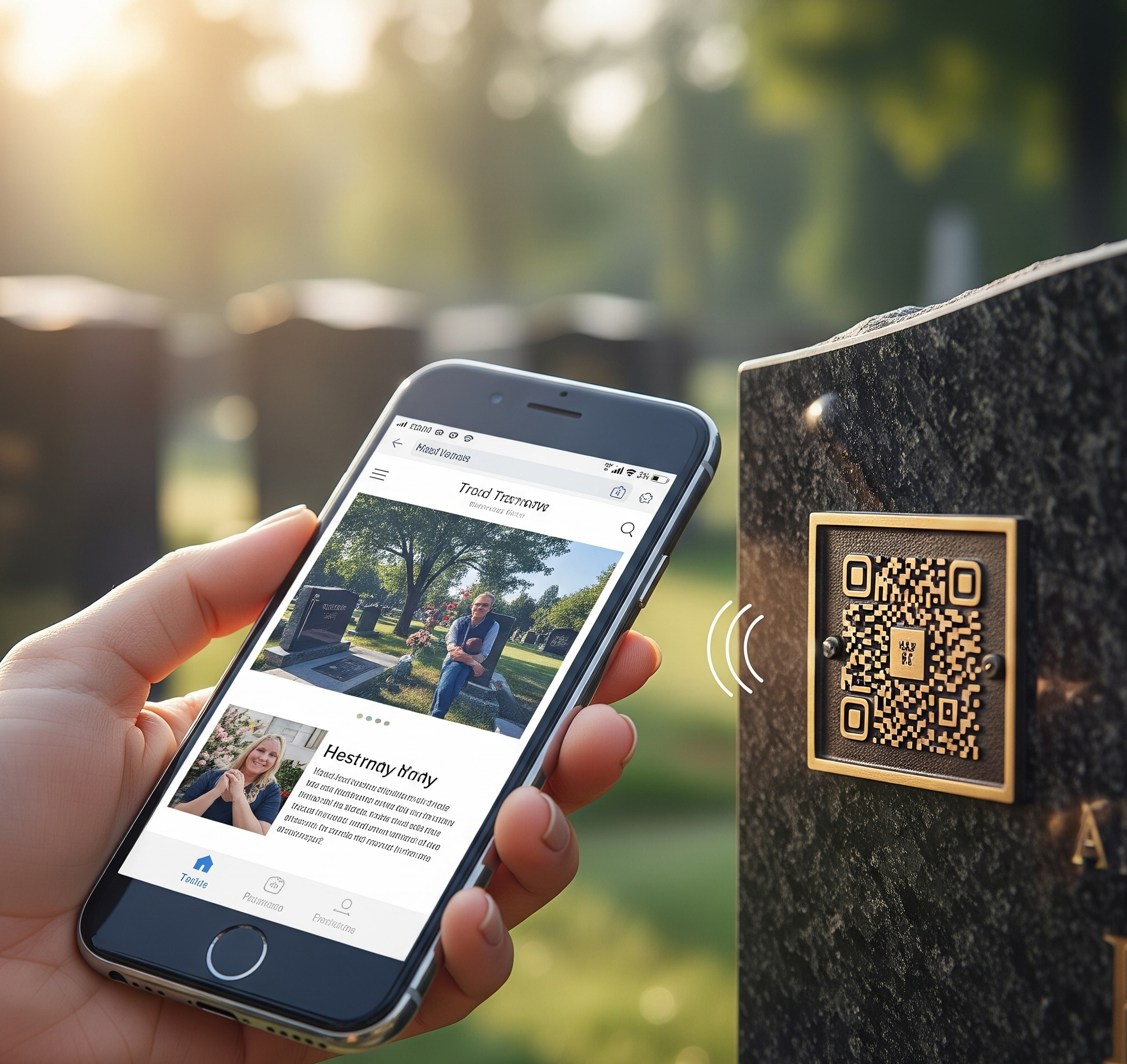 A hand holding a phone scanning a QR code on a headstone.