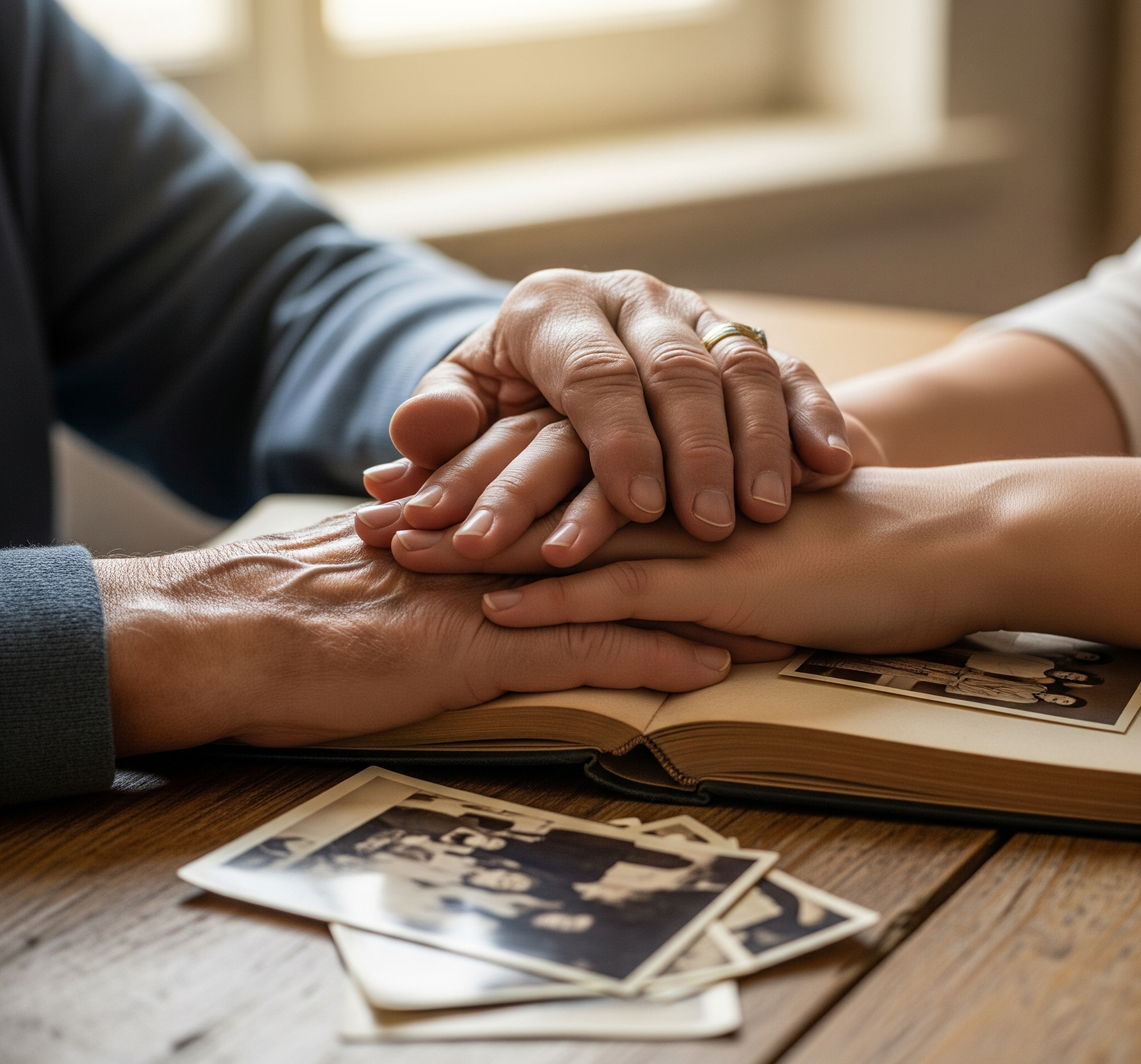Two people's hands resting on a photo album in a comforting gesture.